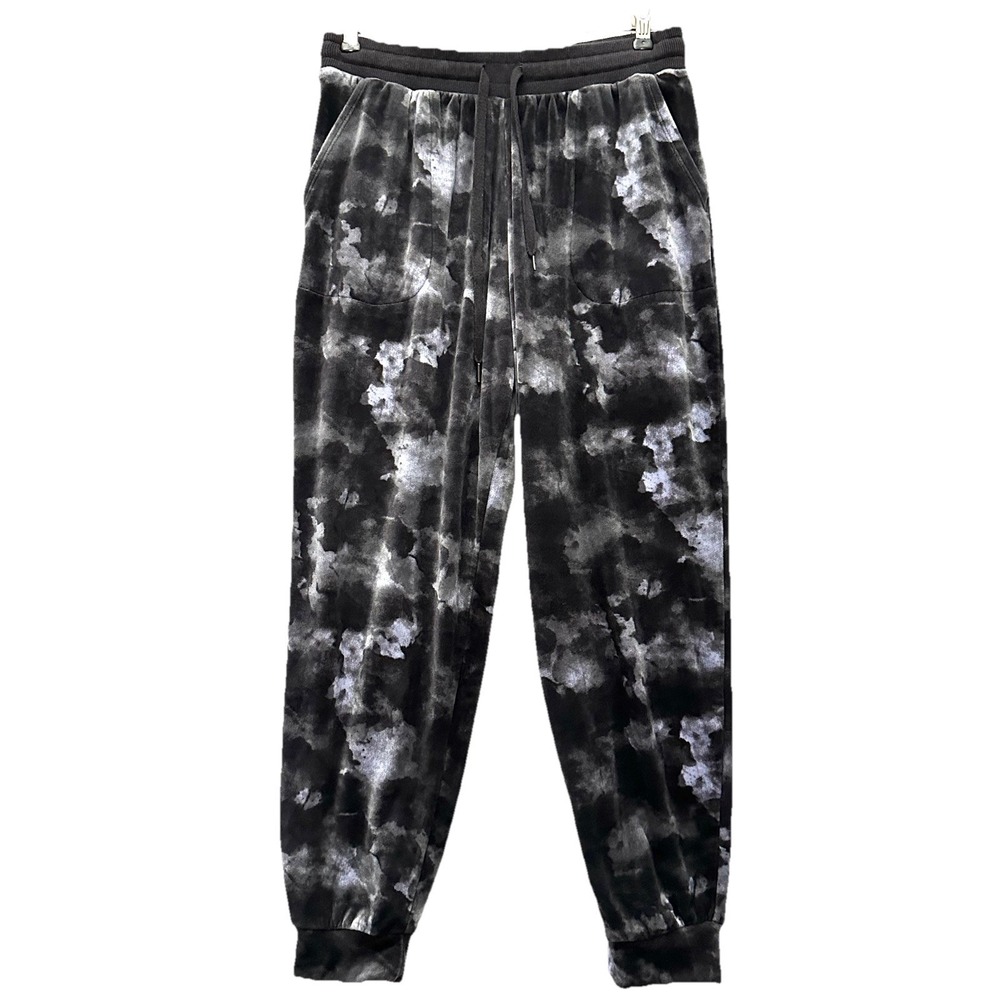 Three Dots Medium M Jogger Sweatpants Velour Pants Gray Black Pockets Drawstring